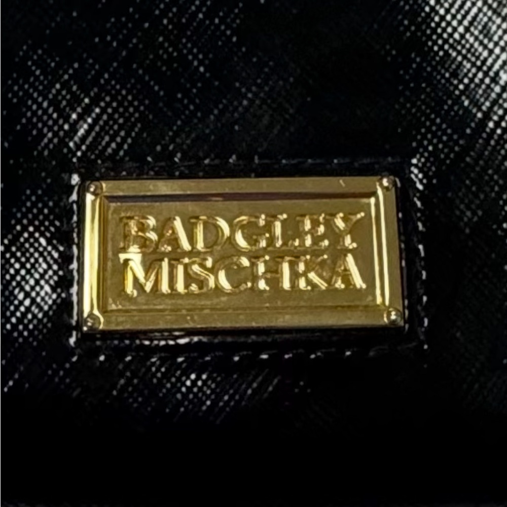 Badgley Mischka Black Patent wallet with Gold Plaque Accent